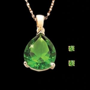 Green Helenite Pear Shaped Pendant Necklace. Matching Green Stud Earrings.